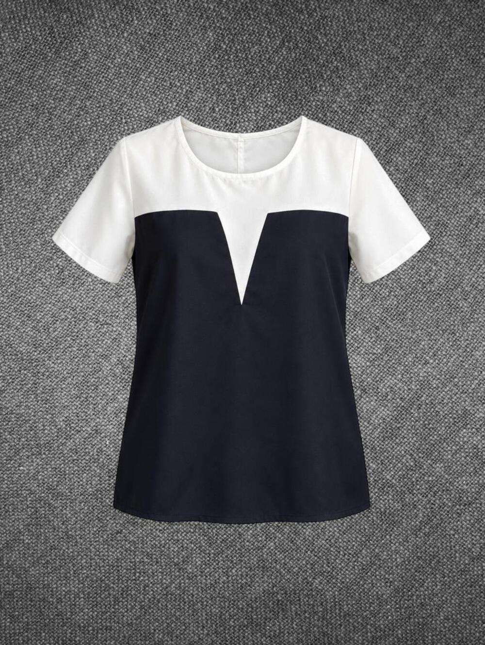 Black White Colorblock Short Sleeve Blouse Medium Fit